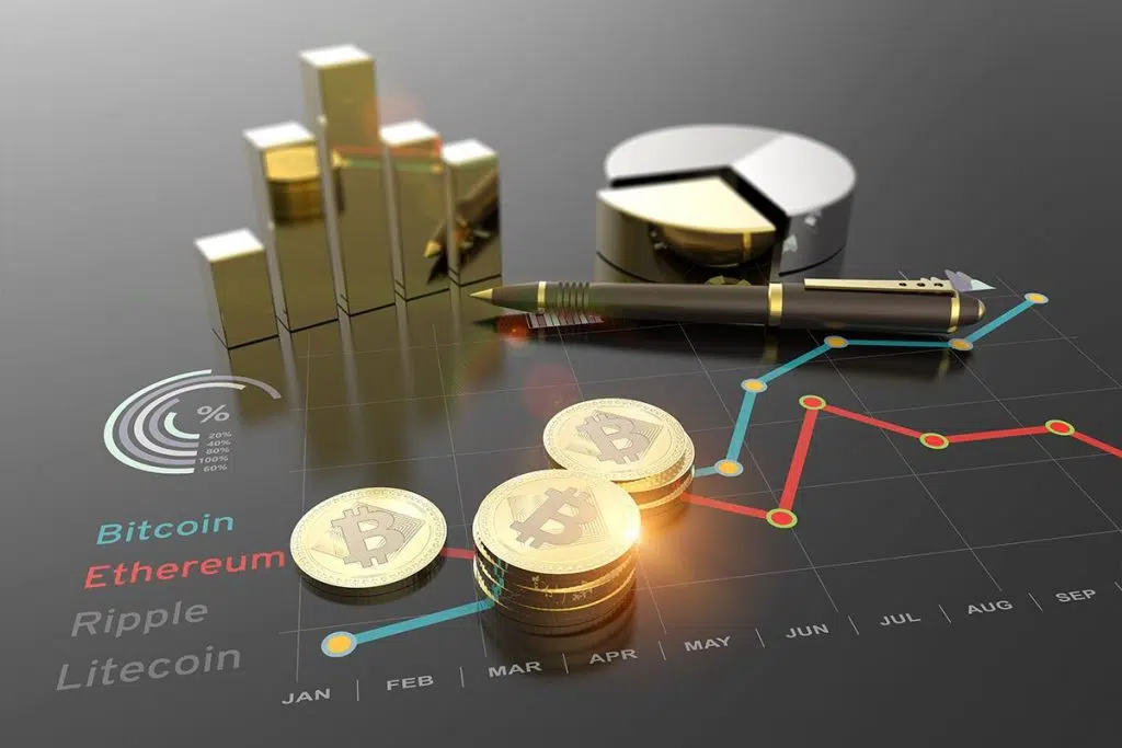 Gold bars, stacked coins with bitcoin symbols, a pen, pie chart, and a line graph representing cryptocurrency market trends and growth data.