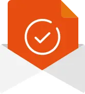 An open envelope with an orange paper displaying a white check mark in a circle.