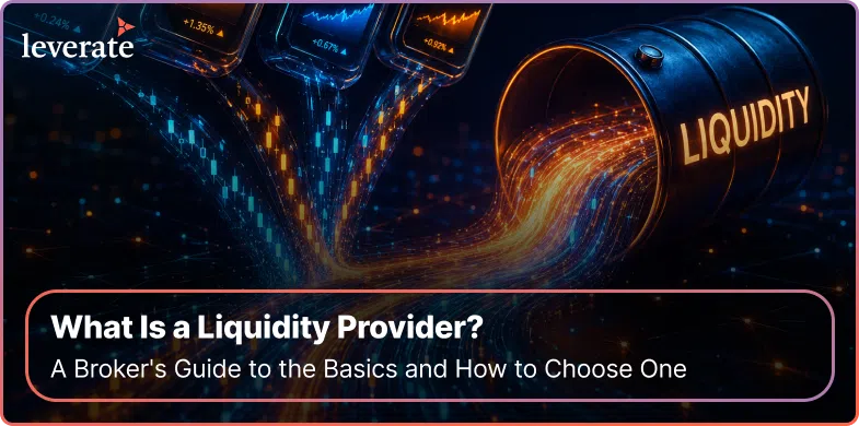 Three digital devices display market graphs, connecting to a barrel labeled “LIQUIDITY.” Text reads: “What Is a Liquidity Provider? A Broker’s Guide to the Basics and How to Choose One.”.