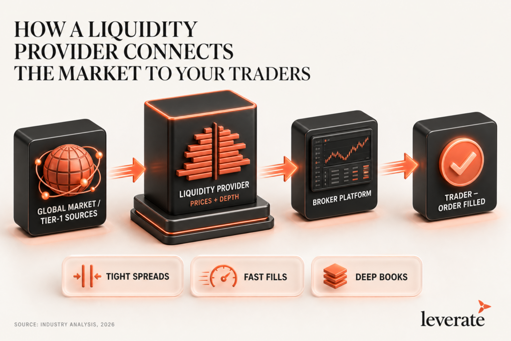 Diagram showing liquidity flow: global markets pass data to a liquidity provider, then to a broker platform, and finally to a trader, highlighting tight spreads, fast fills, and deep books.
