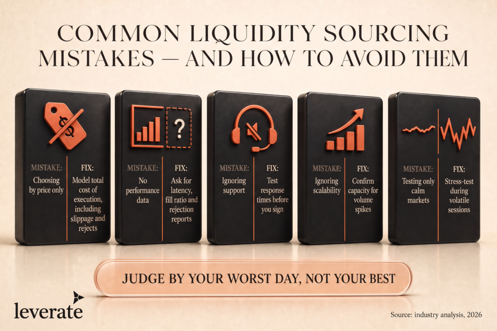 Infographic listing common liquidity sourcing mistakes and fixes, such as choosing by price only, no performance data, ignoring support, test response times, and more. Source: industry analysis, 2026.