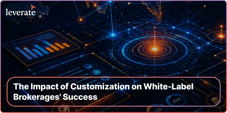 A digital graphic showing glowing network nodes and lines, with the text: "The Impact of Customization on White-Label Brokerages' Success." This visual highlights the impact of customization on white-label success in today’s competitive brokerage landscape. The Leverate logo appears in the top left corner.