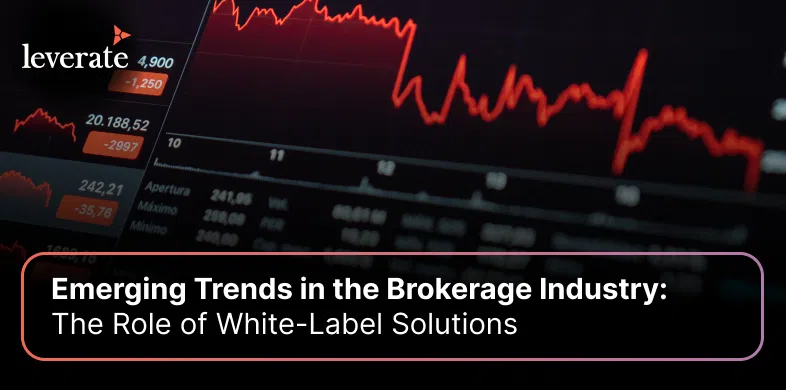A digital stock trading screen with red line charts and numbers. Text overlay reads: “Emerging Trends in the Brokerage Industry: The Role of White-Label Solutions.”.