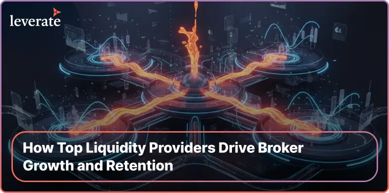 A digital network with glowing orange lines connects circular hubs, representing liquidity in finance. This dynamic visualization highlights Liquidity Providers in Forex and how they drive broker growth and retention. Text: “How Top Liquidity Providers Drive Broker Growth and Retention.”.