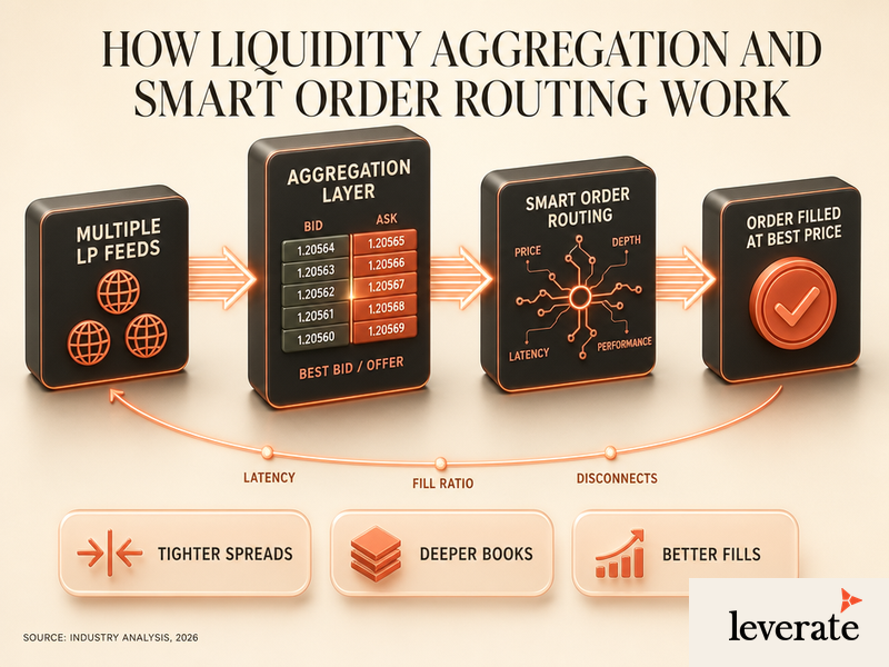 Diagram explaining liquidity aggregation and smart order routing, showing data flow from Liquidity Providers (LP) feeds through aggregation and routing to order fulfillment, with benefits like tighter spreads and better fills.
