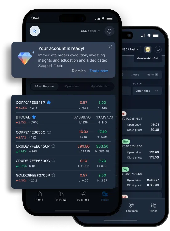 Two smartphone screens displaying the Sirix trading app interface with account status and live market data, demonstrating mobile forex trading capabilities.