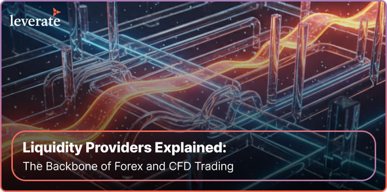 Illustration abstraite représentant un liquide s'écoulant dans des canaux transparents, accompagnée du texte : « Les fournisseurs de liquidité expliqués : la colonne vertébrale du trading sur le Forex et les CFD ». Le graphisme met subtilement en évidence le rôle essentiel d'un fournisseur de liquidité Forex dans le maintien de la stabilité du marché, avec le logo de Leverate en évidence dans un coin.