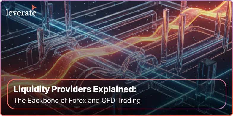 Abstract graphic of glowing pathways over a circuit-like structure, with text overlay about the crucial role of a forex liquidity provider in Forex and CFD trading.