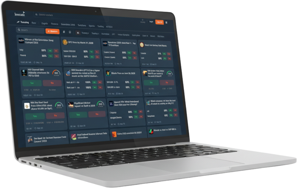 جهاز كمبيوتر محمول فضي اللون يعرض موقعاً إلكترونياً يحتوي على العديد من أسواق التنبؤ، يعرض كل منها أسئلة واحتمالات ومخططات بيانية في تخطيط شبكي على الشاشة.