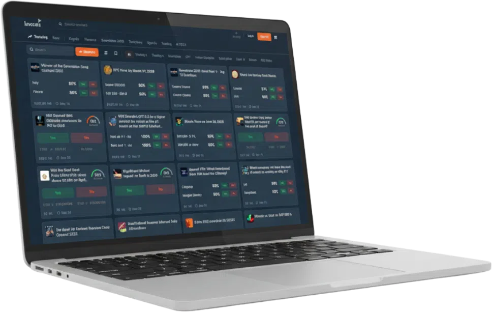 A silver laptop displaying a website with multiple prediction market cards, charts, and percentage data on the screen.