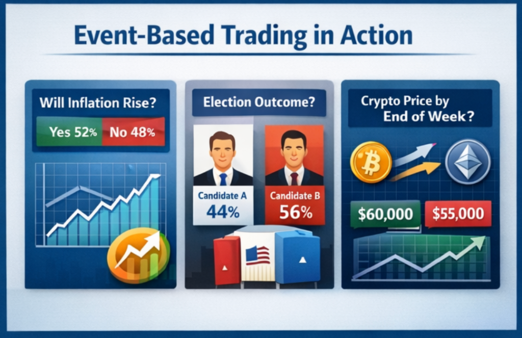信息图表显示基于事件的交易：通胀预测、选举结果（候选人 A 44%，B 56%）和本周末加密货币价格预测（60,000 美元和 55,000 美元）。