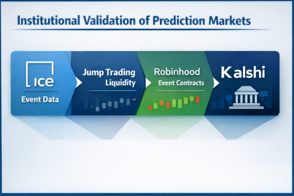 İlerlemeyi gösteren bir grafik: ICE Event Data, Jump Trading Liquidity, Robinhood Event Contracts ve Kalshi, "Tahmin Piyasalarının Kurumsal Doğrulaması" başlığı altında.