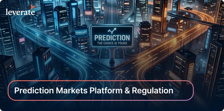 A digital illustration of a futuristic city with roads labeled "RISK," "FORECAST," "REGULATION," and "MARKETS," centered around a sign that reads, "PREDICTION: THE CHOICE IS YOURS." Inspired by themes like what is a prop firm challenge.