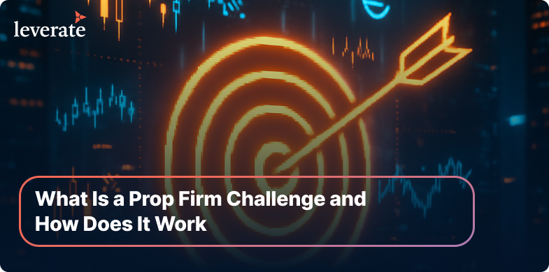 Una diana brillante con una flecha en el centro, rodeada de gráficos financieros, con el texto: "Qué es y cómo funciona un desafío de Prop Firm".
