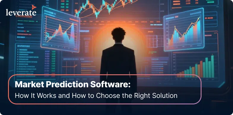 A person stands before large digital screens displaying financial charts and data, with the text "Market Prediction Software: How It Works and CFD Trading Explained—How to Choose the Right Solution.