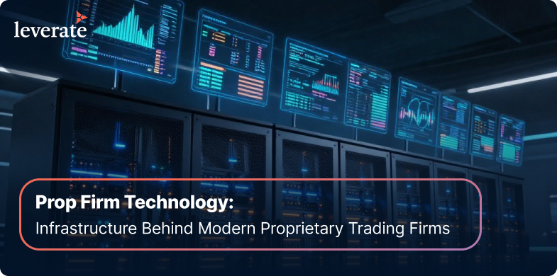 A row of computer servers beneath multiple large monitors displaying financial data and charts in a modern trading firm environment.