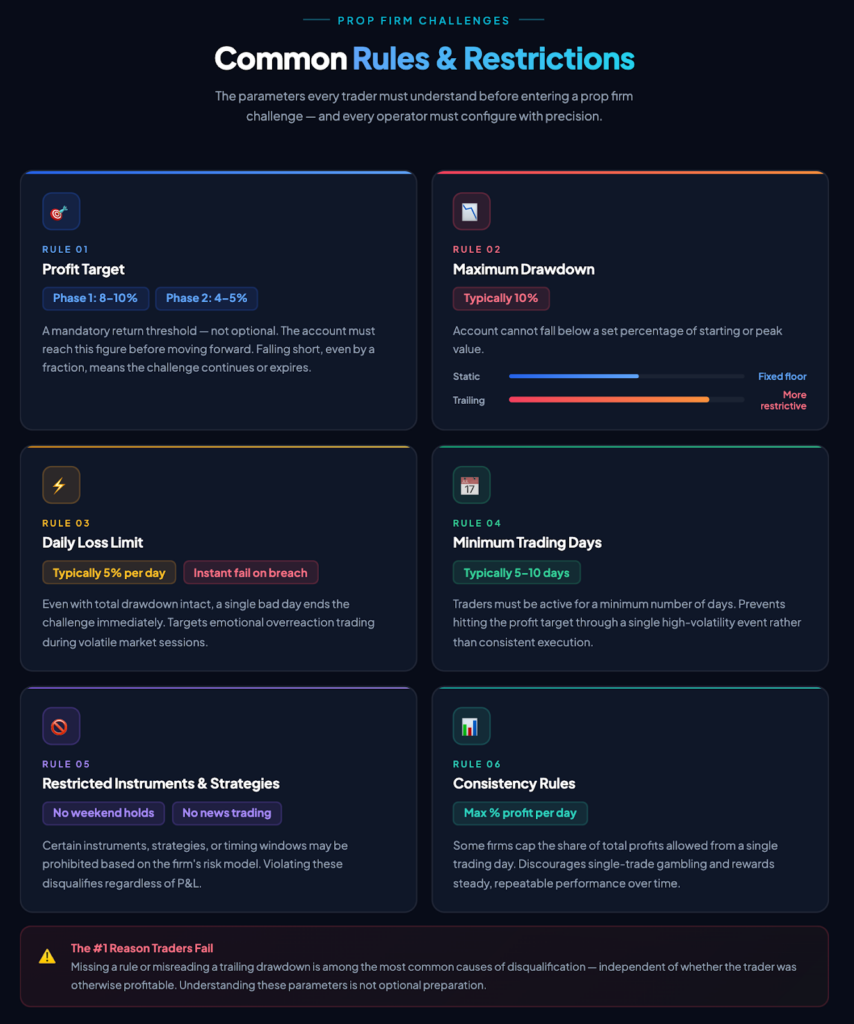 Infographic outlining common rules and restrictions in prop firm trading challenges, including profit targets, drawdown limits, daily loss, trading days, instrument restrictions, and how these align with a solid CFD business model.