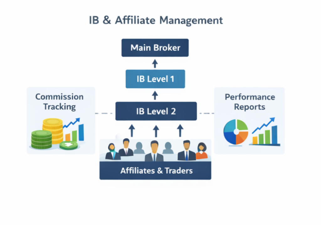 IB 和联属会员管理流程图：顶部是主经纪商，下面是 IB 1 级和 2 级，然后是联属会员和交易商，股票经纪商的后台办公软件有助于佣金跟踪和业绩报告，从而帮助降低流失率。