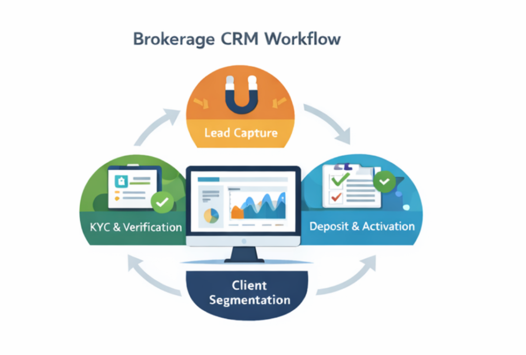 经纪人客户关系管理工作流程示意图，包括线索捕捉、KYC 与验证、存款与激活以及客户细分--所有这些都与股票经纪人的后台办公软件集成在一起，有助于降低中央电脑屏幕周围的客户流失率。