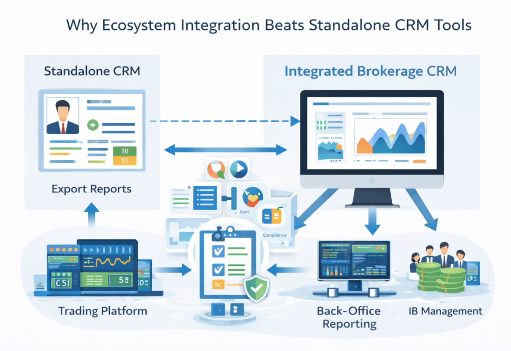信息图表比较了独立的客户关系管理和集成的经纪客户关系管理，重点介绍了导出报告、交易平台、合规性、后台报告、IB 管理，以及股票经纪人后台办公软件中的减少客户流失软件如何帮助降低客户流失率。