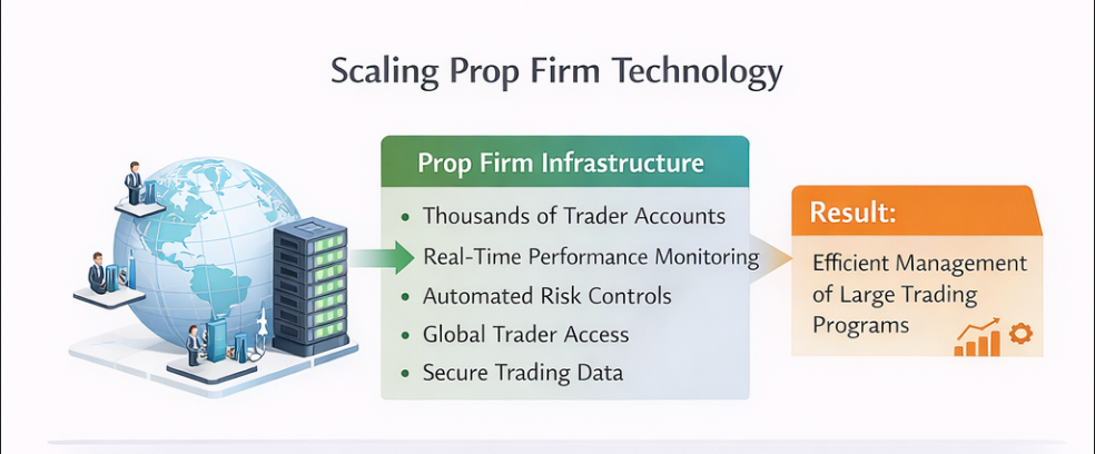 Infographic showing prop firm infrastructure benefits—trader accounts, real-time monitoring, risk controls, global access, secure data, and back office software for stock brokers—leading to efficient management of large trading programs.