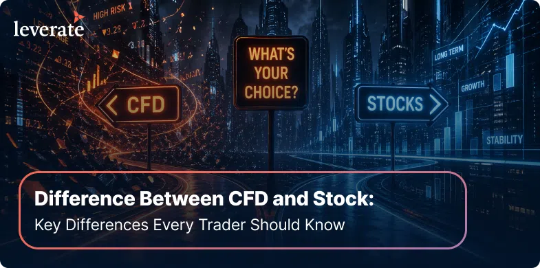Cityscape background with neon signs reading "CFD" and "Stocks," a center sign saying "What's Your Choice?"; text below explores CFD vs. stock differences, highlighting how Broker Portal architecture streamlines access to both markets.