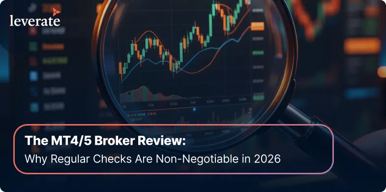 A magnifying glass focuses on a digital financial chart with the text: "The MT4/5 Broker Review: Why Regular Checks Are Non-Negotiable in 2026," highlighting the importance of market prediction software.