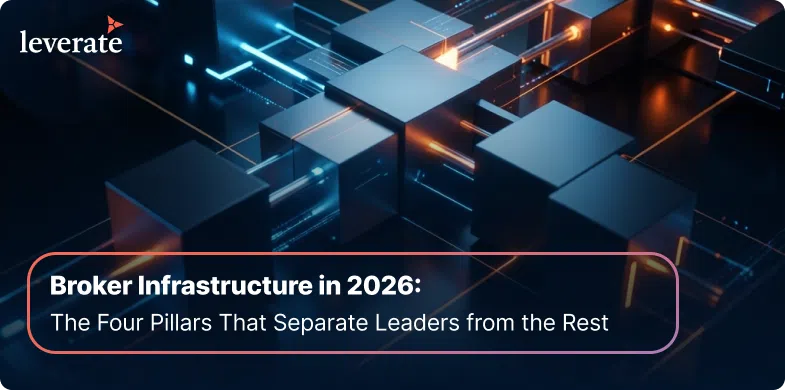 Abstract geometric blocks with glowing blue lines, accompanied by the text: "Broker Infrastructure in 2026: The Four Pillars That Separate Leaders from the Rest"—a must-see for anyone seeking an expert MT4/5 broker review.