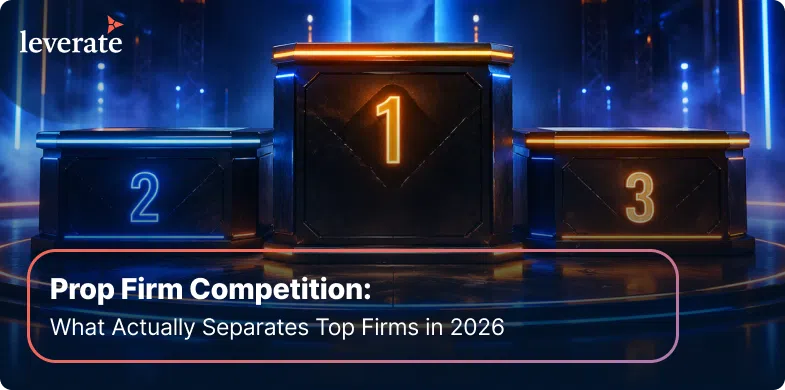 Three illuminated podiums labeled 1, 2, and 3 are displayed on a stage. Text reads: "Prop Firm Competition: What Actually Separates Top Firms in Prop Trading Infrastructure in 2026.