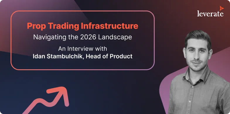 A promotional banner for Leverate featuring "Prop Trading Infrastructure: Navigating the 2026 Landscape," with a photo of Idan Stambulchik, Head of Product, highlighting the difference between CFD and stock trading.