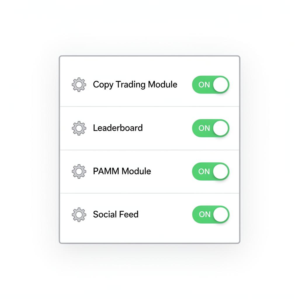 Un panel de configuración con cuatro opciones (módulo de copia de operaciones, tabla de clasificación, módulo PAMM y fuente social), cada una de ellas activada.