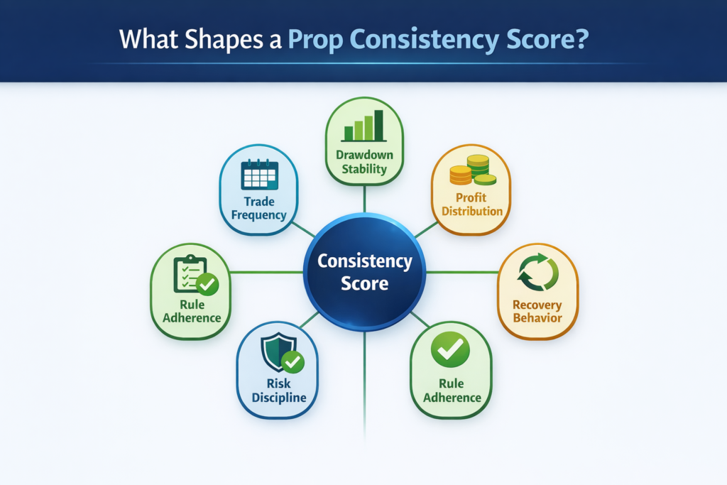 Diagrama que muestra seis factores que contribuyen a una puntuación de consistencia en el back office de la plataforma forex: frecuencia de las operaciones, estabilidad del drawdown, distribución de los beneficios, comportamiento de recuperación, cumplimiento de las reglas y disciplina del riesgo.