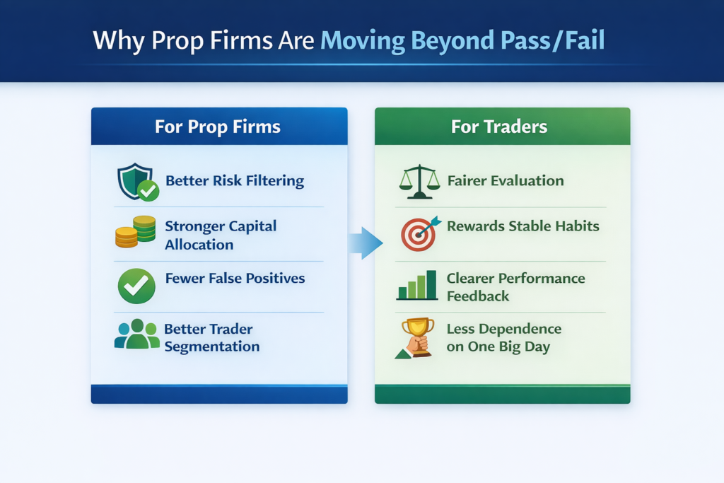 La infografía titulada "Why Prop Firms Are Moving Beyond Pass/Fail" enumera las ventajas para las empresas de prop y los operadores, como un mejor filtrado del riesgo, una evaluación más justa y una mejor gestión mediante el software de back office de divisas.