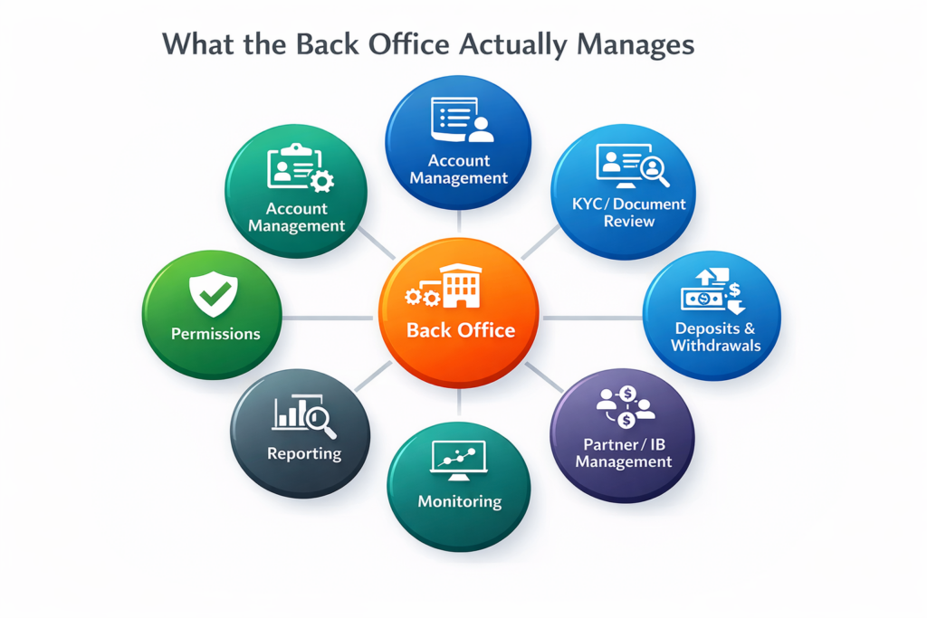 Sosyal ticaret altyapısının temel bileşenleri olan hesap yönetimi, KYC/belge incelemesi, para yatırma ve çekme, ortak yönetimi, izleme, raporlama ve izinlerle bağlantılı arka ofisi merkezde gösteren diyagram.