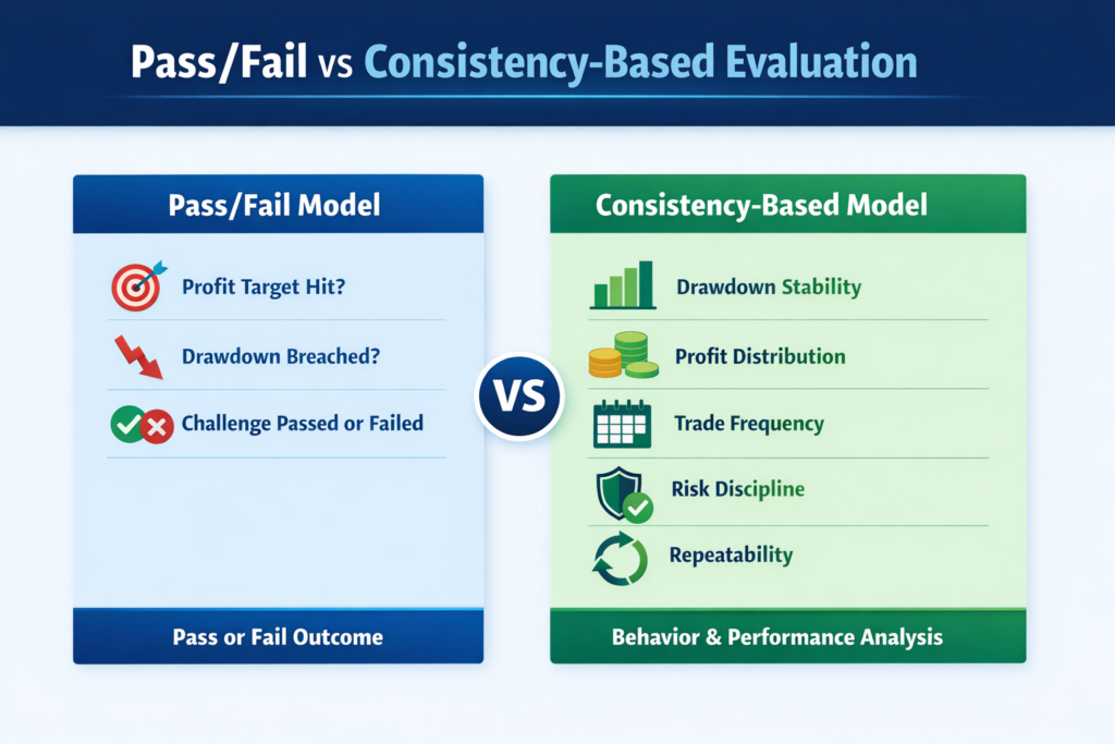 Gráfico comparativo del Modelo Pasa/Falla frente al Modelo Basado en la Consistencia, destacando sus criterios de evaluación y las diferencias clave para las operaciones de back office de las plataformas de divisas.