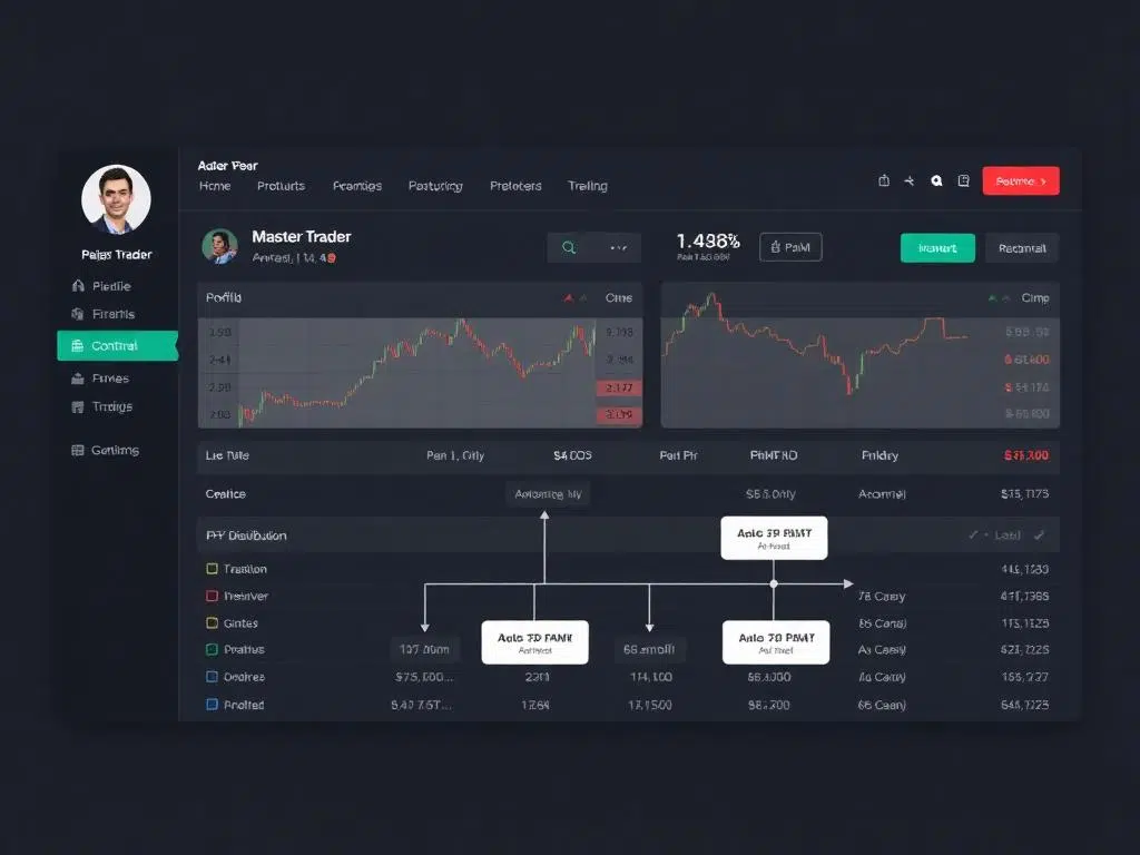 Dark-themed trading dashboard showing user profile, navigation menu, two stock charts, and a table of active trades with a highlighted arrow annotation.