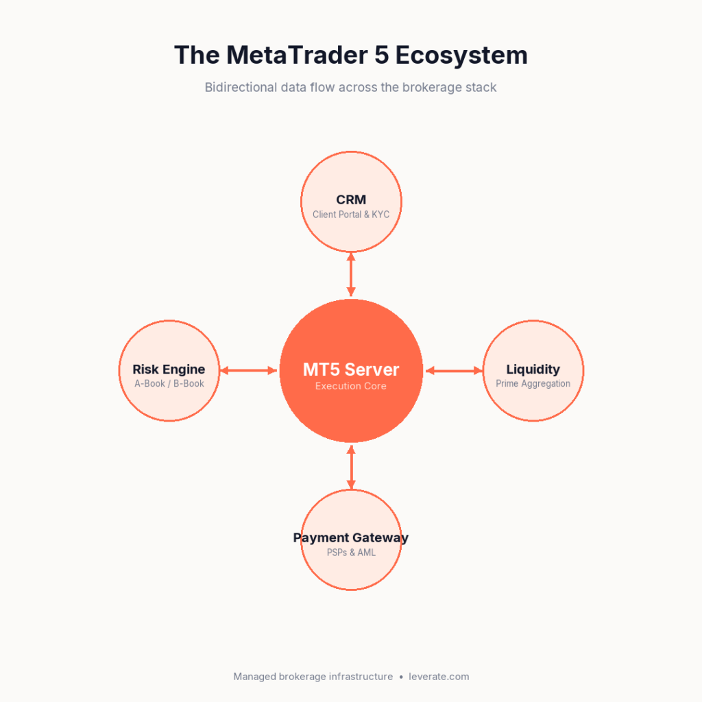 Diagrama del Ecosistema de MetaTrader 5 que muestra el Servidor MT5 en el centro, conectado al CRM, la Liquidez, la Pasarela de Pagos y el Motor de Riesgo, ideal para gestionar la competencia de los corredores de apuestas.