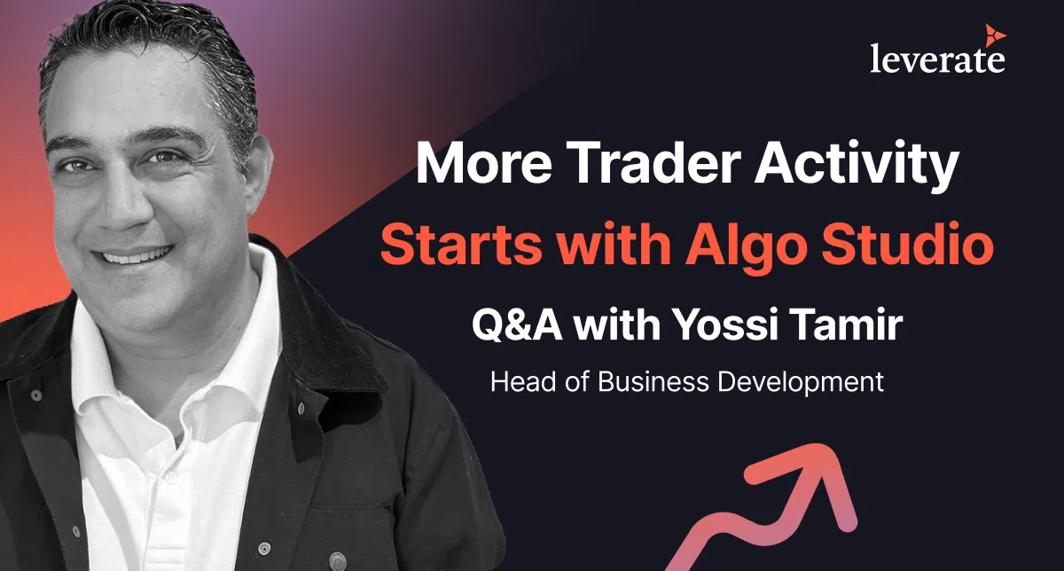 Smiling man on the left; text reads “More Trader Activity Starts with Algo Studio. Q&A with Yossi Tamir, Head of Business Development.” Leverate logo top right. Pink upward arrow graphic highlights hybrid AMM prediction markets.