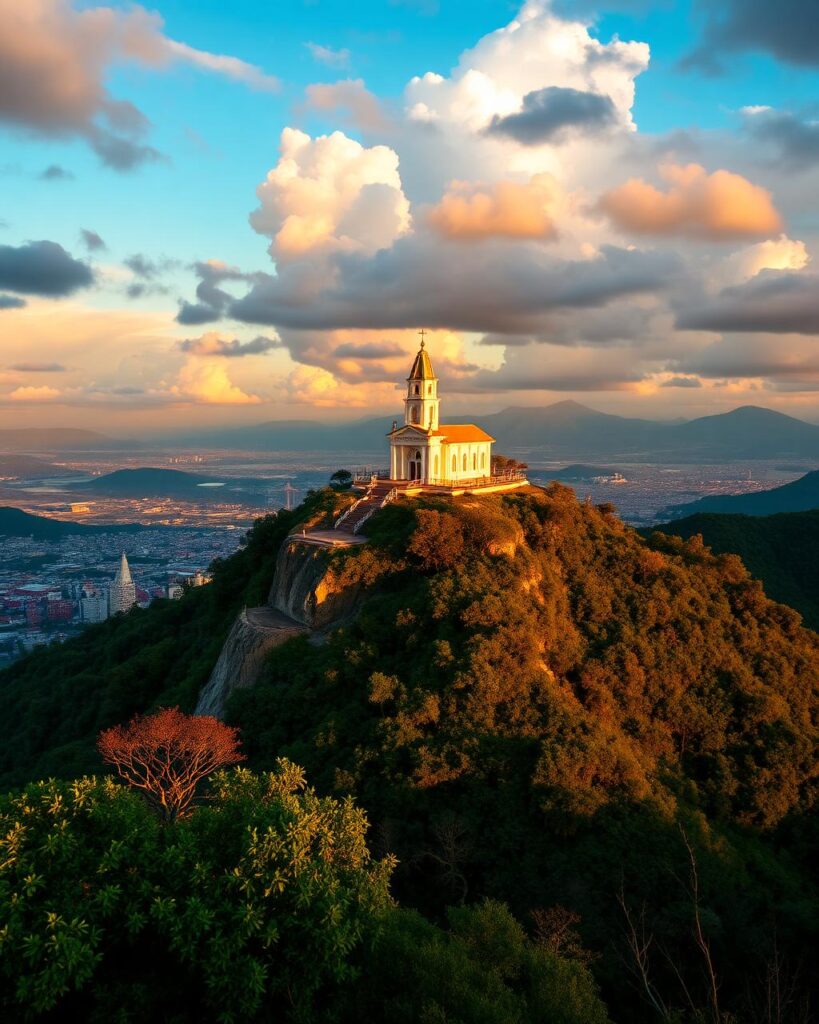 Una iglesia blanca en lo alto de una colina verde y exuberante con vistas a una ciudad al atardecer, con nubes y montañas espectaculares visibles al fondo.