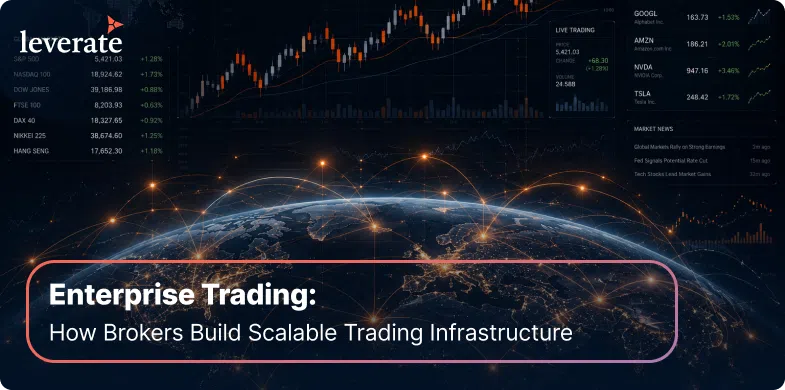 A digital graphic shows global trading connections over Earth with stock charts and prices in the background. Text reads: "Enterprise Trading: How Brokers Build Scalable Enterprise Trading Infrastructure.