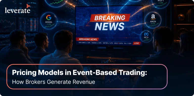 A group of people watch a breaking news broadcast about trading in a dark room, with market charts and CFD brokerage logos on screens. Text overlay discusses pricing models, including free tier options, in event-based trading.