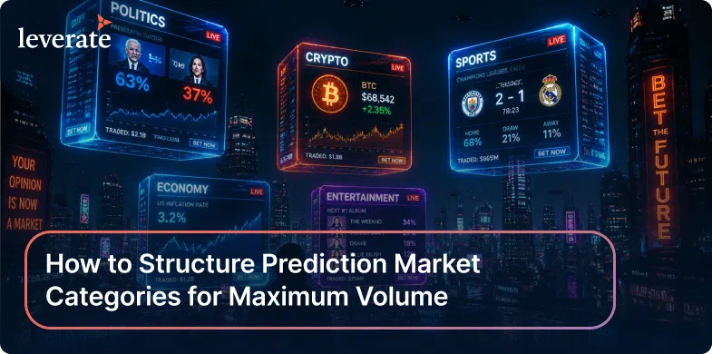 Futuristic cityscape with digital screens displaying live prediction market data across politics, crypto, sports, economy, and entertainment—highlighting multi asset trading benefits. Text reads: "How to Structure Prediction Market Categories for Maximum Volume.