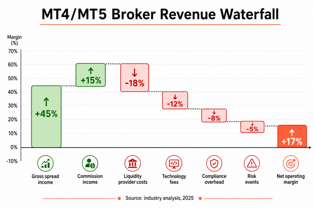 展示MT4/MT5经纪商收入的瀑布图。点差总收入为+45%，随后出现连续亏损，最终净营业利润率为+17%。分析重点突出了事件交易收入模式和预测市场的变现方式。来源：行业分析，2025年。