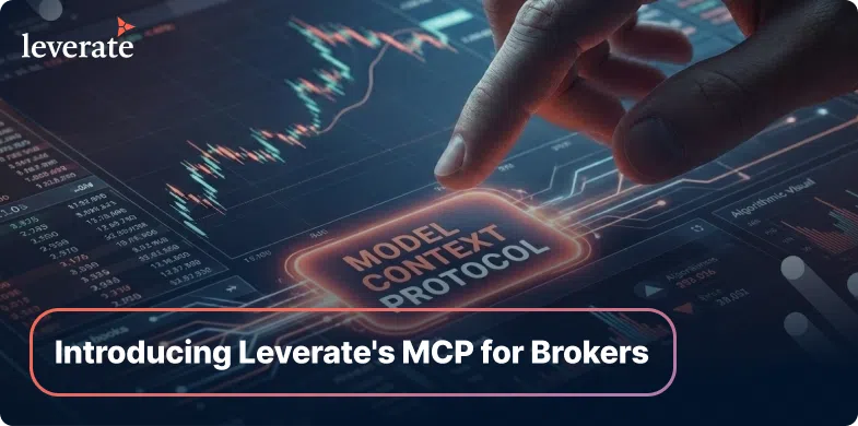 A hand points to a digital interface displaying "Model Control Protocol" on a financial trading chart, with the text "Introducing Leverate's MCP for Brokers—empowering seamless broker asset class expansion and making it easier than ever to add asset class to brokerage platforms.