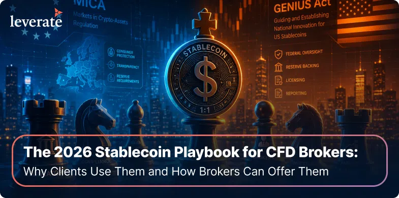 Digital illustration featuring a stablecoin symbol surrounded by chess pieces, with regulatory terms and US flag in the background. Text overlay highlights stablecoin use and leverage in CFD trading by brokers in 2026.