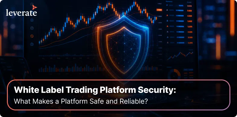A shield icon glows in front of a trading chart on a computer screen with the text “White Label Trading Platform Security: What Makes a Platform Safe and Reliable?”, highlighting the importance of secure technologies such as stablecoin payments for CFD brokers.