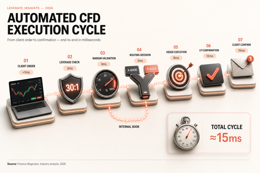 A diagram illustrating the automated CFD execution cycle, showing seven sequential steps totaling approximately 15 milliseconds, with icons for each process—ideal for MAMM and social trading, including copy trading for brokers.
