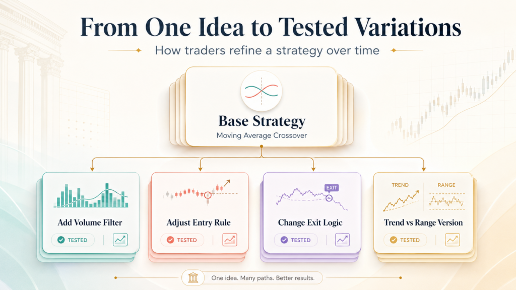 Diagram showing how traders refine a moving average crossover strategy with variations: adding a volume filter, adjusting entry rule, changing exit logic, testing trend vs. range versions, and integrating stablecoin payments for CFD brokers.