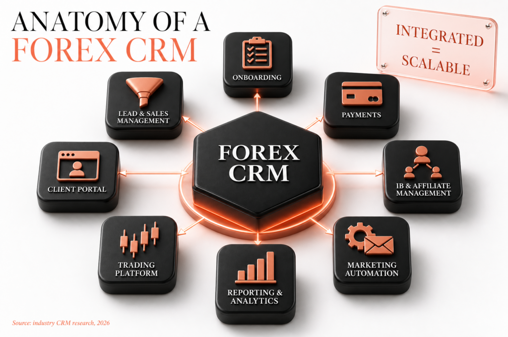 Infografía que muestra los componentes de un CRM para Forex: incorporación de clientes, pagos, gestión de clientes potenciales, portal del cliente, plataforma de negociación, análisis y automatización; destaca la integración y la escalabilidad para que los brókers amplíen su oferta de clases de activos a áreas como los CFD sobre materias primas y otras clases de activos.