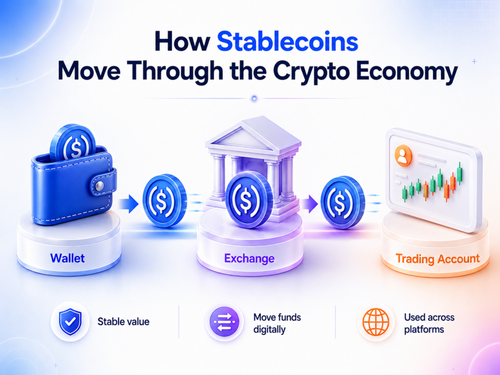 رسم تخطيطي يوضح انتقال العملات المستقرة من محفظة إلى منصة تداول ثم إلى حساب تداول، مع رموز تشير إلى القيمة المستقرة، وتحويل الأموال الرقمية، واستخدام المنصة — وهو مثالي لمتداولي العقود مقابل الفروقات (CFD) الراغبين في استكشاف الرافعة المالية في سيناريوهات تداول العقود مقابل الفروقات.